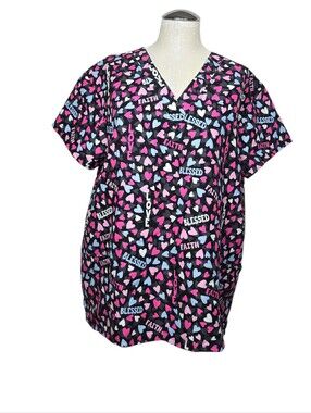 Wear For Care Heart Faith Blessed Short Sleeves Scrub Top XL Pink Blue Black